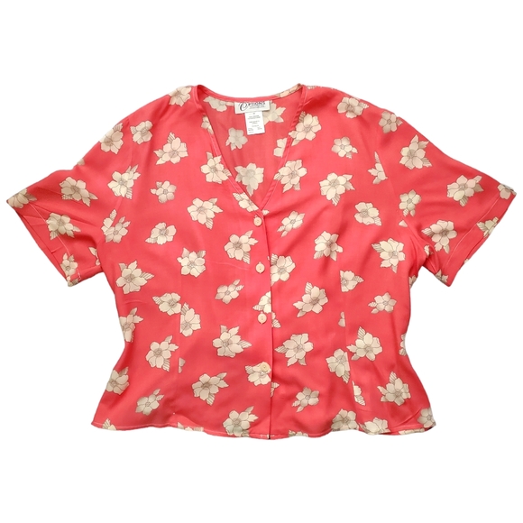 90s skirt shirt floral light v-neck short sleeve midi stretch A-line coral wm 16 - Picture 2 of 11